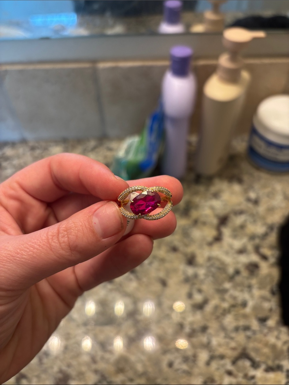 Gold-Tone Ring with Fuchsia Center Stone